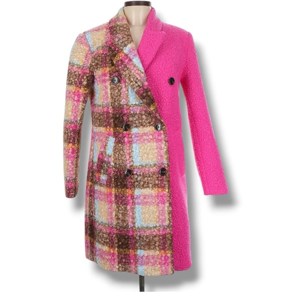 NVLT Anthropologie |NWT $248 Women’s Pink Plaid Colorblock Bouclé Coat (Sz M) - Picture 3 of 17